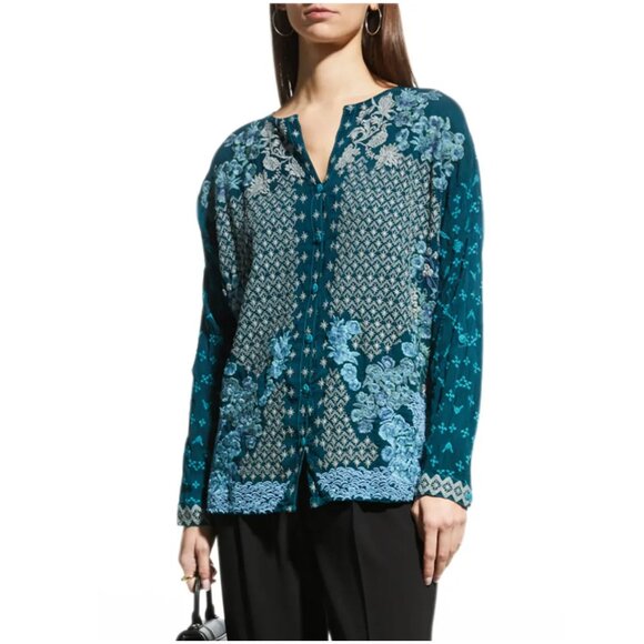 Johnny Was Yoko Embroidered Blouse size L large Lakeside blue button shirt - Picture 1 of 13